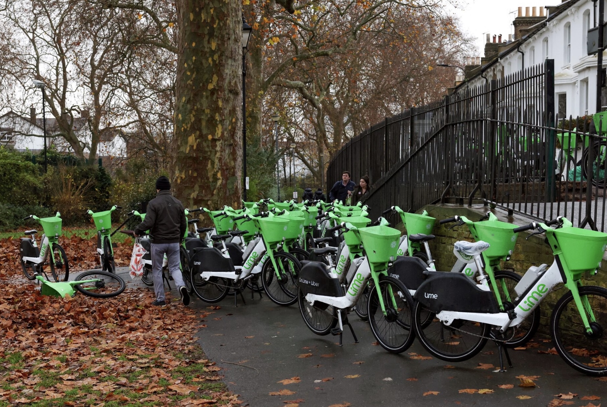 Lime electric bikes parked in a city row, signaling the company’s growth toward a U.S. IPO backed by Uber and Wall Street banks